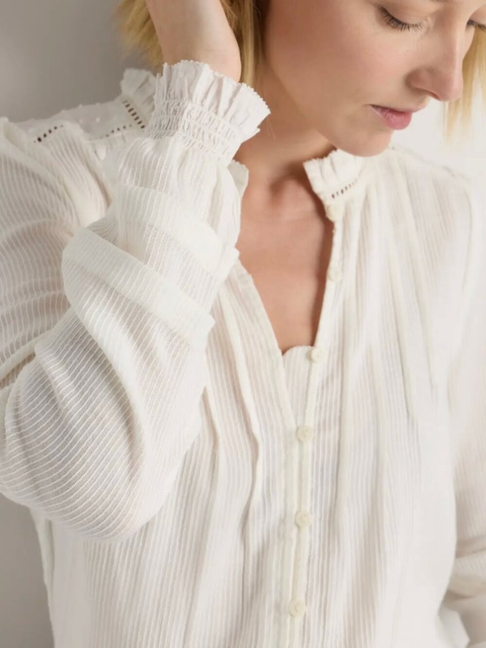 Organic Textured Cotton Peasant Blouse White Size XS - Picture 3 of 9